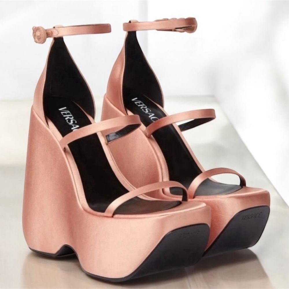 Versace Pink Satin TriPlatform Heels Sandals 38.5 New